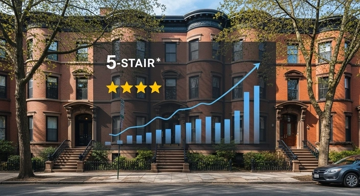 Brookline SEO services: Brownstones with a 5-star rating and an upward trending graph.