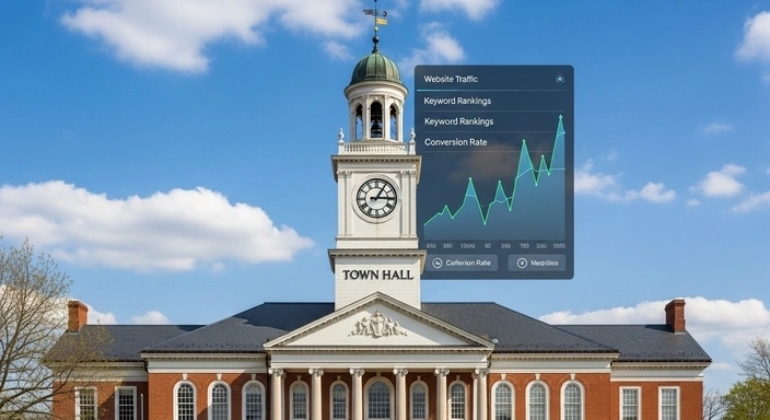 Needham Town Hall with SEO metrics overlay. Website traffic, keyword rankings, and conversion rate graph. Needham SEO Services.