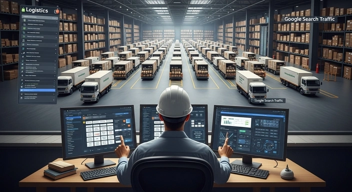 Shopify SEO Services: Warehouse logistics, man in hardhat at computer monitors, trucks, and shelves.