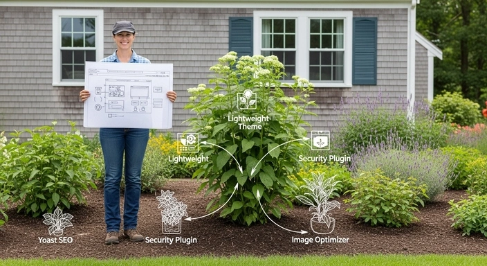 WordPress SEO services: Woman holding website blueprint in garden. Lightweight theme, security plugin, image optimizer, Yoast SEO.
