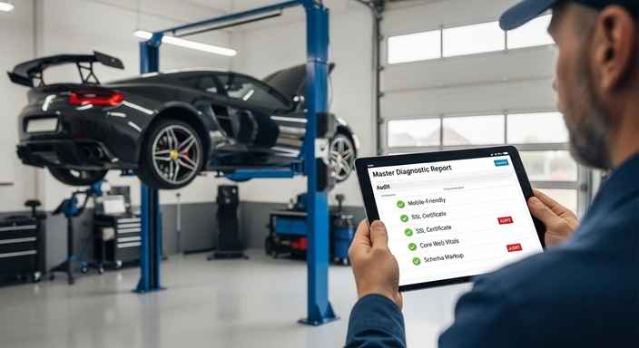 Website audit. Mechanic using tablet, car on lift. Shows mobile-friendly, SSL, Core Web Vitals, Schema Markup.
