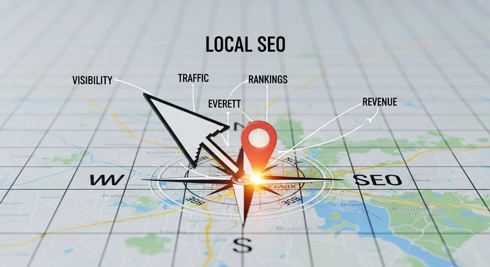 Everett MA SEO services: Compass pointing to increased visibility, traffic, rankings, and revenue.