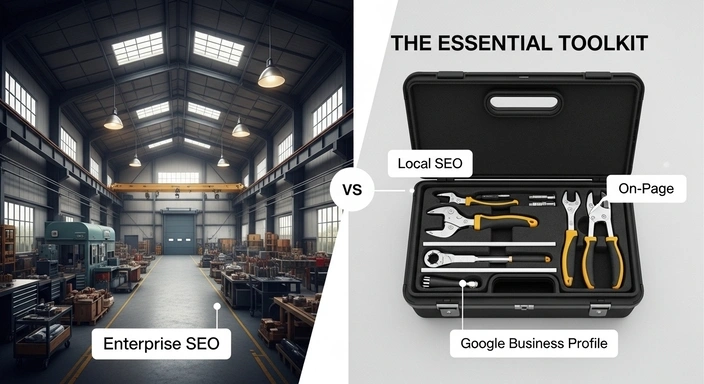 Enterprise SEO vs. Local SEO. Image shows a factory and a toolkit for affordable SEO services.