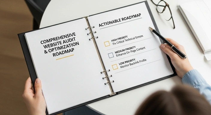 Website audit roadmap. Actionable items: fix technical errors, enhance content, monitor backlinks.