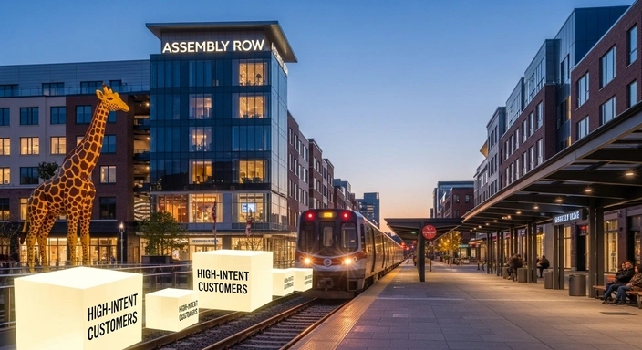 Somerville SEO services: Assembly Row train station with giraffe statue and high-intent customers boxes.