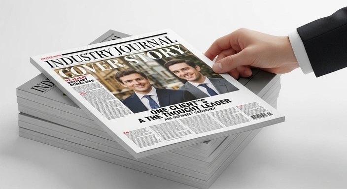 B2B SEO Services: Industry journal cover story with two men. B2B thought leader article.