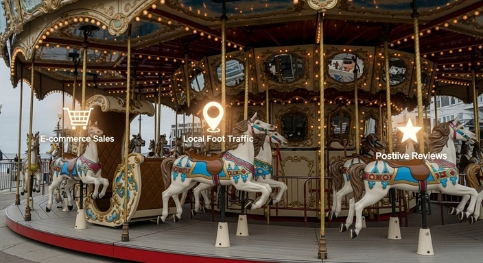 Revere SEO Services: Carousel with icons for e-commerce sales, local foot traffic, and positive reviews.