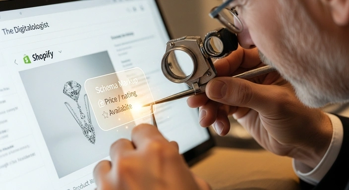 Shopify SEO services: Man examining product schema markup on a Shopify store.