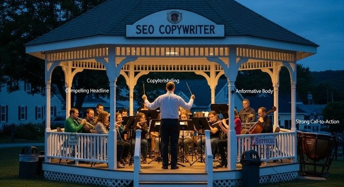 Orchestra in gazebo with SEO Copywriter sign. SEO copywriting services concept.