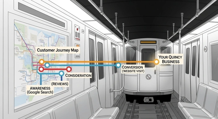 Quincy SEO services: Customer journey map on subway. Awareness, consideration, conversion to your Quincy business.