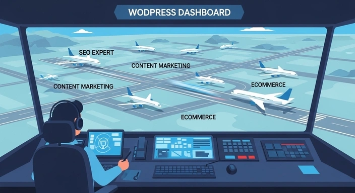 WooCommerce SEO services: WordPress dashboard control tower with planes labeled SEO Expert, Content Marketing, and Ecommerce.