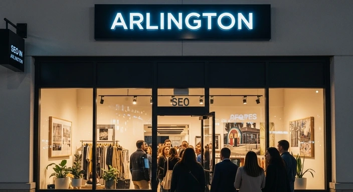 Arlington MA SEO services. Storefront with Arlington sign. People inside. Local SEO, search engine optimization.