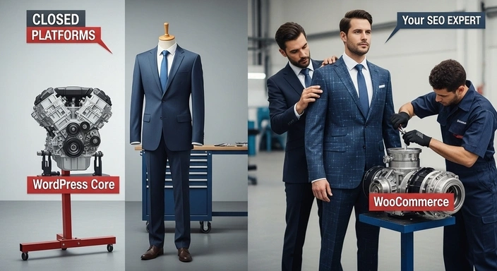 WooCommerce SEO services: Suit being tailored, engine being worked on.