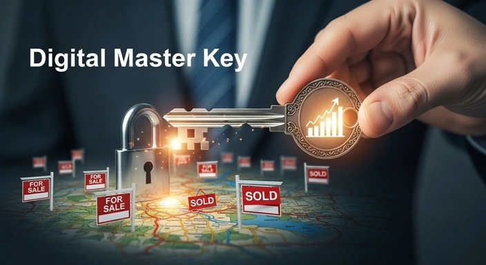 Real Estate SEO: Lock, key, 'for sale' and 'sold' signs on a map. Digital marketing unlocks property sales growth.