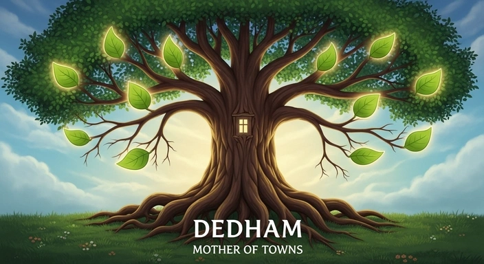 Dedham SEO Services: Illustration of a tree with glowing leaves and a small house in the trunk.