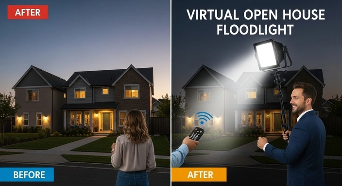Real estate SEO: Before and after of a virtual open house floodlight. Man holding floodlight and remote.