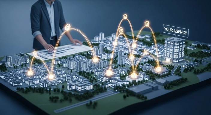 Real estate SEO strategy: Miniature city model with glowing house icons and Your Agency sign.
