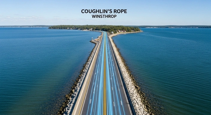 Coughlin's Rope in Winthrop. Aerial view of road with blue light trails, water on both sides. Winthrop SEO services.