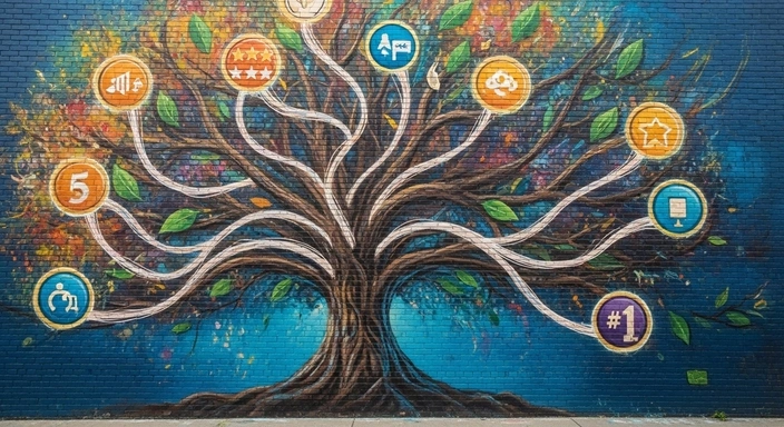 Somerville SEO Services: Mural of a tree with SEO icons representing growth, rankings, and success.