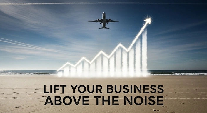 Winthrop SEO Services: Airplane soars above a beach with an upward trending graph.