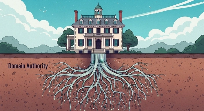 Milton SEO Services: House with root system underground representing domain authority.