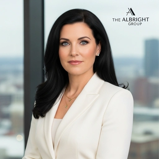 Brookline SEO Services: Woman in white suit, The Albright Group.