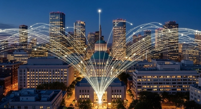 Cambridge SEO Services: City skyline with digital network lines. Data connection and digital marketing concept.