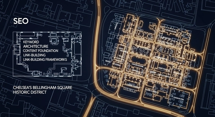 Chelsea MA SEO services: Blueprint of Bellingham Square Historic District, showing keyword architecture, content foundation, and link-building.