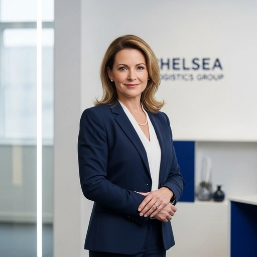 Chelsea MA SEO Services: Professional woman in suit, Chelsea Logistics Group in background.