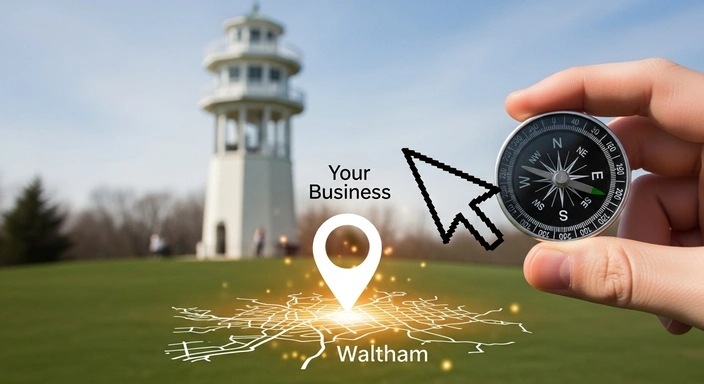 Waltham SEO Services: Hand holding compass, cursor, map pin over Waltham, MA.