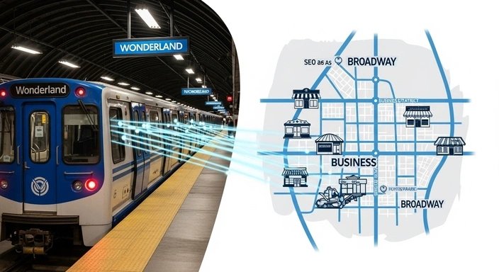 Revere SEO Services: Train at Wonderland station linked to business map, representing local SEO and business growth.