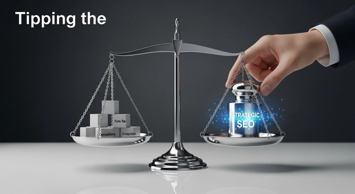 Law Firm SEO: Scale balancing competitors vs. strategic SEO. Hand placing SEO weight on the scale.