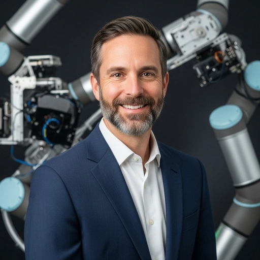 Cambridge SEO Services: Man in suit with robotic arms. Digital marketing expert.