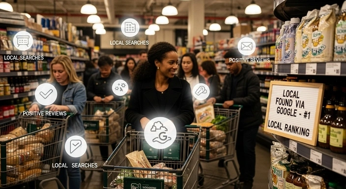 Customers in a grocery store, highlighting local SEO success. Chelsea MA SEO services.