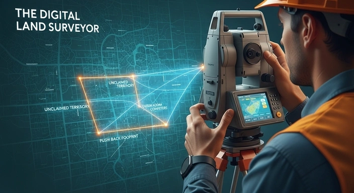 Real Estate SEO: Land surveyor using digital theodolite. Land surveying equipment. Digital land surveyor.
