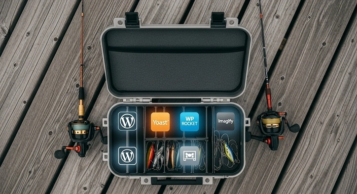 WordPress SEO services tackle box with WordPress, Yoast, WP Rocket, and Imagify logos. Fishing rods on a wooden dock.