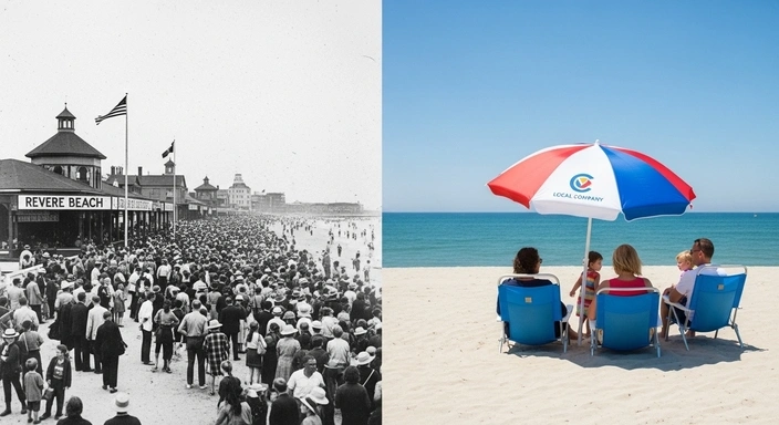 Revere SEO Services: Revere Beach then and now. Crowded beach in the past, family relaxing on the beach today.