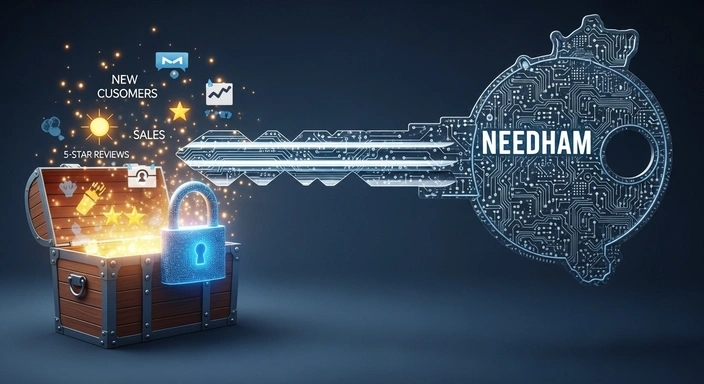Needham SEO Services: Treasure chest with sales icons and a key with Needham on it.