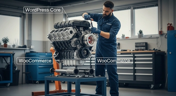 WooCommerce SEO services: Mechanic working on engine. WordPress core and WooCommerce integration for online store optimization.