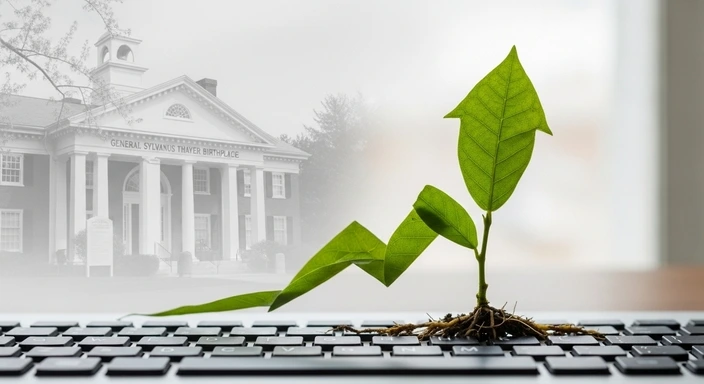 Braintree SEO Services: Growing plant on keyboard, chart-shaped leaves. General Sylvanus Thayer Birthplace in background.