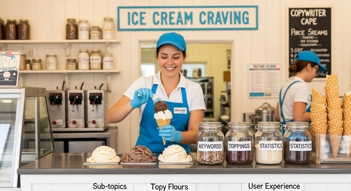 SEO Copywriting: Ice cream shop with keywords, toppings, and statistics as flavors.