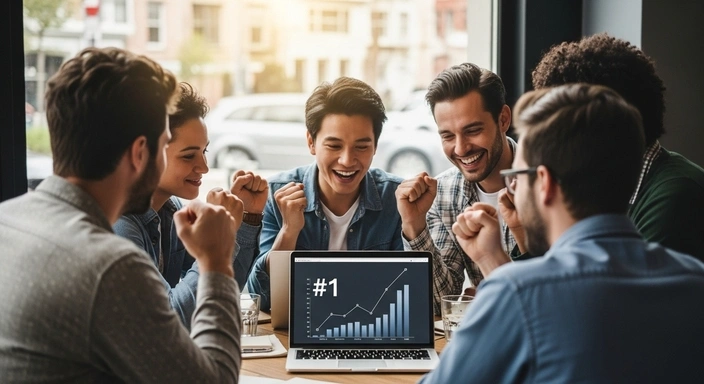 Happy team celebrating SEO success, looking at a laptop with a #1 growth chart. Brookline SEO Services.