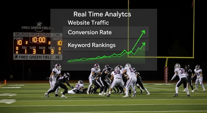 Melrose SEO Services: Football game with website traffic, conversion rate, and keyword rankings overlayed.