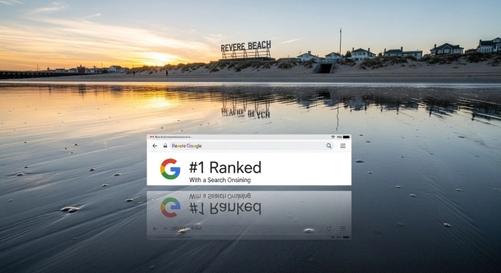 Revere SEO Services: #1 Google ranking reflected on Revere Beach at sunset.