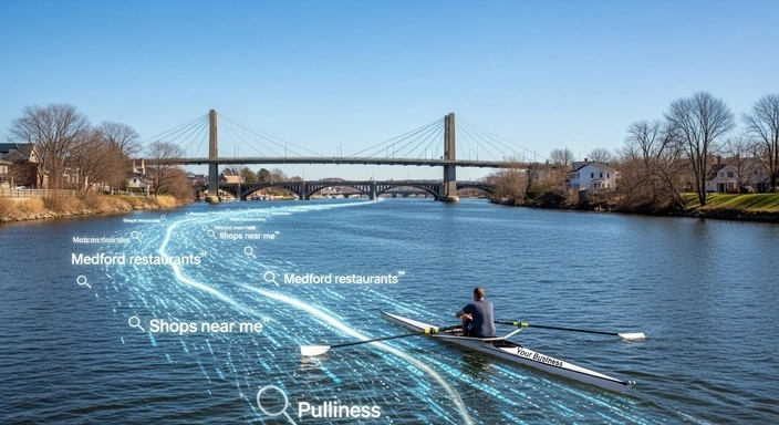 Medford SEO Services: Rower on river with search terms. Boost your business with local SEO.
