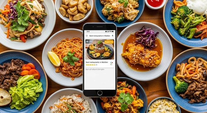 Malden SEO Services: Phone showing best restaurants in Malden surrounded by plates of Asian food.