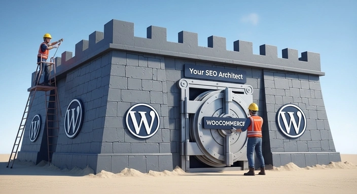 WooCommerce SEO services: WordPress fortress with workers, representing secure SEO architecture.