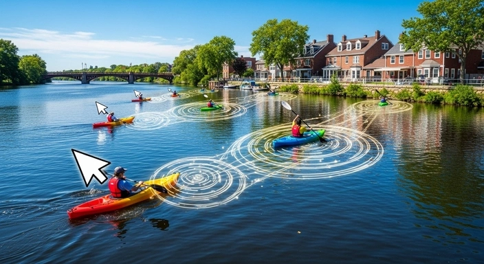 Watertown MA SEO services. Kayakers on Charles River with digital network effect. Watertown SEO company.