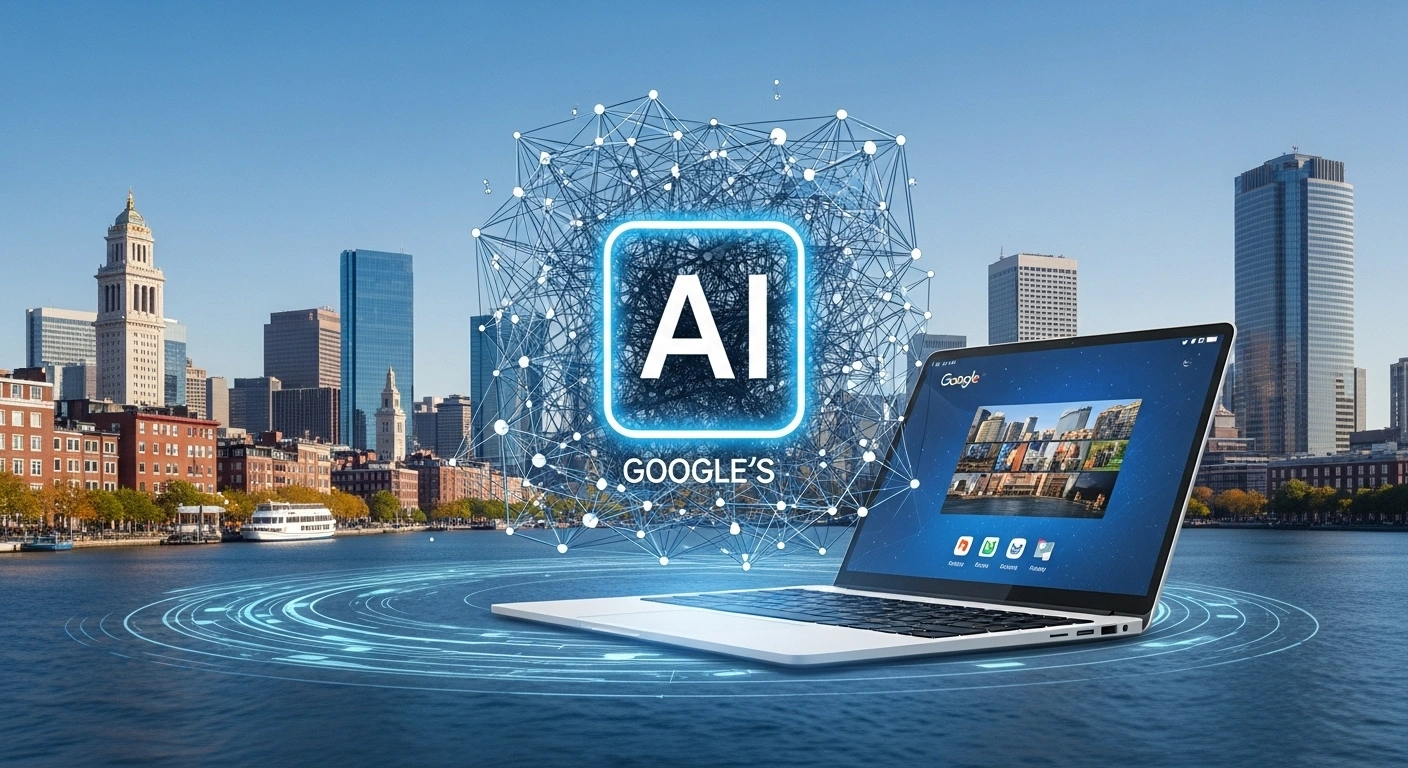 AI on Laptop with Cityscape. Google's artificial intelligence technology. Digital transformation and innovation.