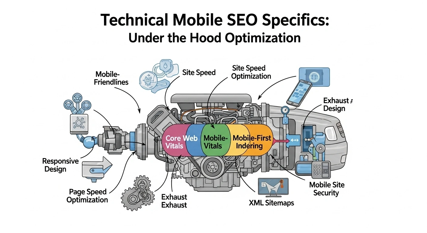 Technical Mobile SEO specifics: Under the Hood Optimization. Mobile-friendliness, site speed, Core Web Vitals, Mobile-First Indexing.